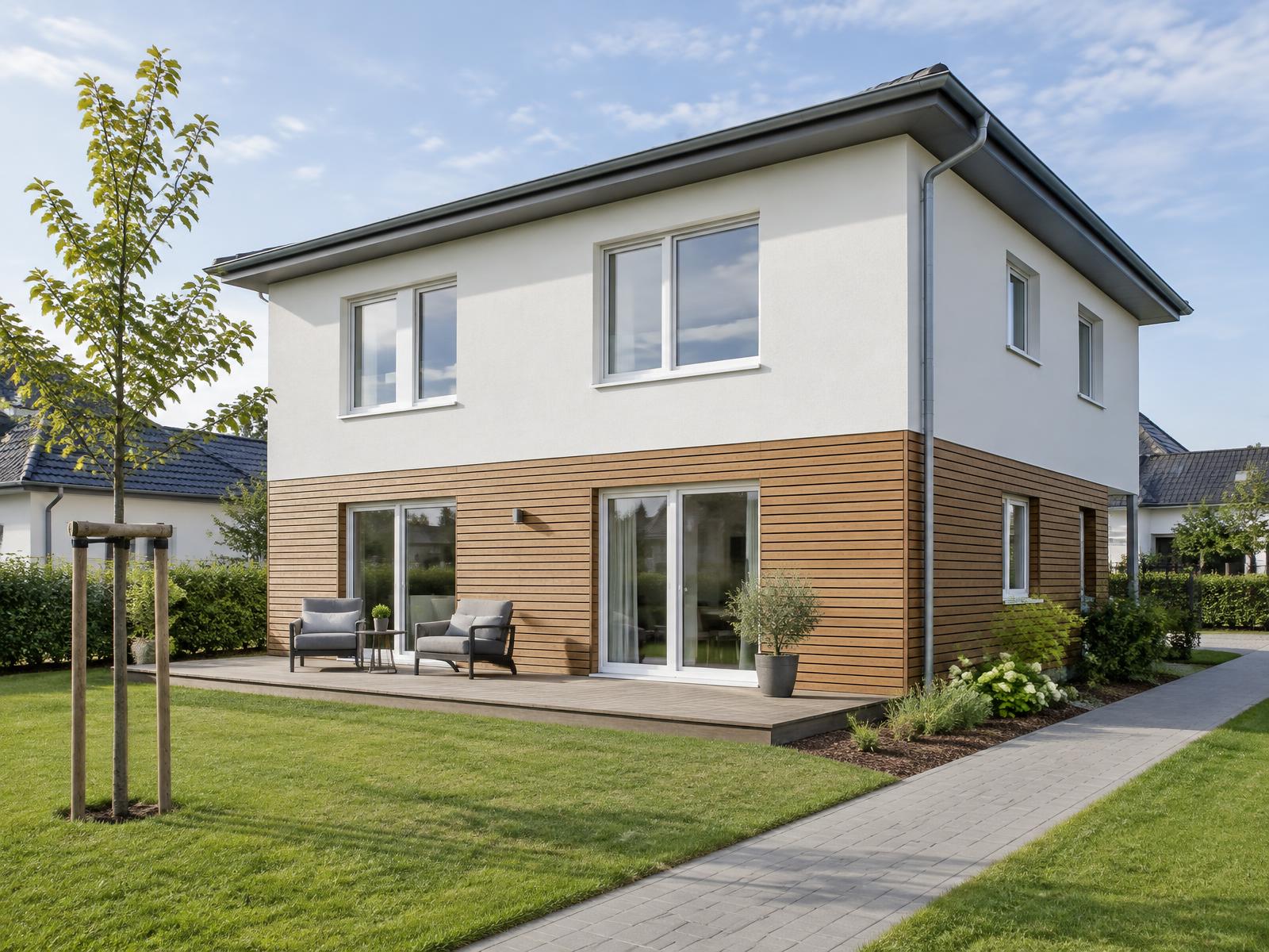 Modernes Neubau-Einfamilienhaus mit heller Fassade, Holzverkleidung und Garten – schlüsselfertiges Referenzprojekt von Jurkeit Komplettbau in Norddeutschland